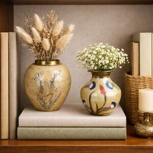 Vintage Brass Enamel Vase Pair, Small Floral Bud Vases for Boho Style Decor